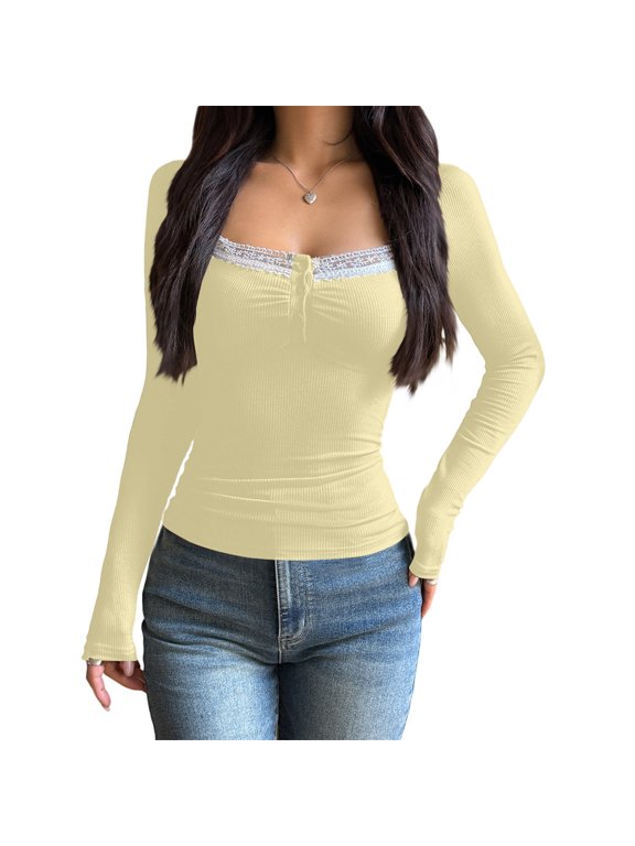 Lace Trim Top for women Womens Sexy Lace Shirt Long Sleeve Ribbed Knit Top Cute Square Neck Layering Tee Stylish Solid Color Blouse Casual Lace Womens Spring Summer Shirts Trendy 2026