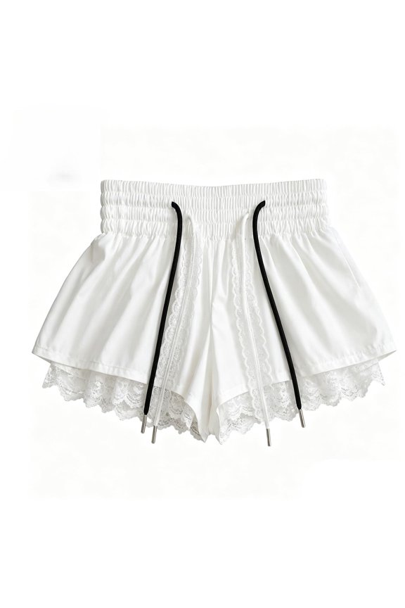 Lace Trim Track Shorts, High-Waisted Y2K-Style Drawstring Athletic Shorts, Lace-Panel Casual Beach Paper-Bag Pants