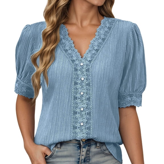Lace Trim V Neck Puff Sleeve Women Shirts Vintage Elegant Solid Summer Short Sleeve Button Blouses 2025 Tops