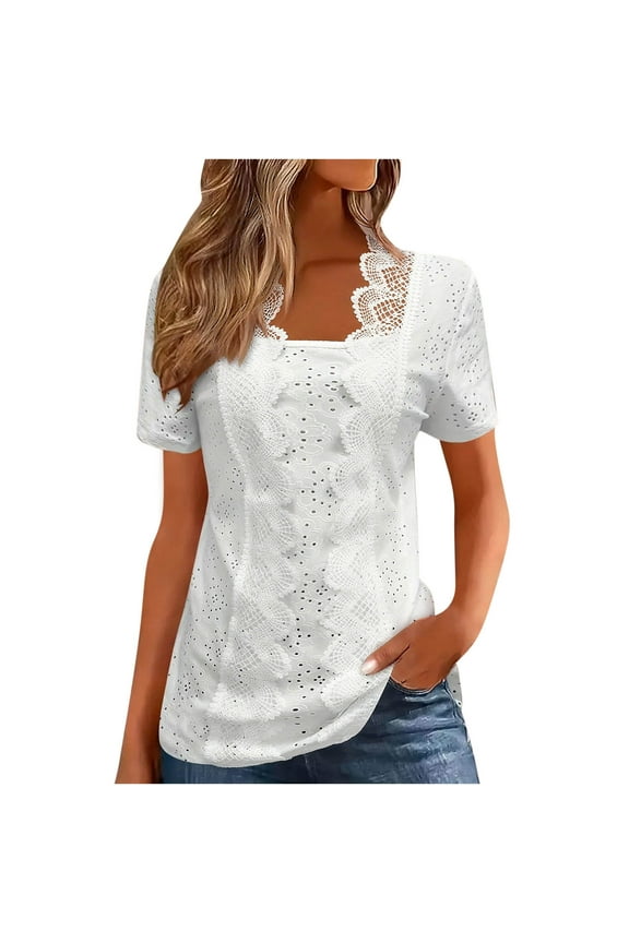 Lace Trim V Neck Summer Top - Eyelet Embroidery Puff Sleeve Blouse | Women's Flowy Casual Dressy Tunic Seashell Edge Petal Shirt