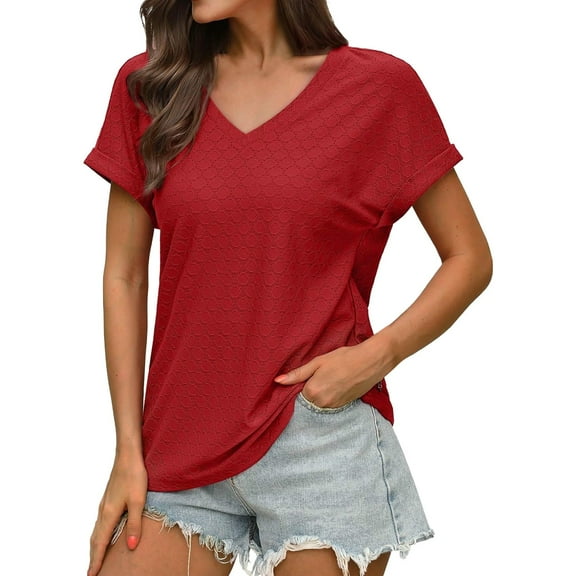 Lace Trim V-Neck Tee - 2025 Summer Breathable Cotton Blouse, Sheer Casual Top with Delicate Cutout Details | Baberdicy | Women Loose V Neck Short Sleeve Tops Casual Pure Color Lace Summer Red XL