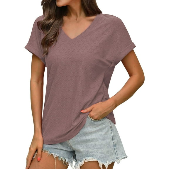 Lace Trim V-Neck Tee - 2025 Summer Breathable Cotton Blouse, Sheer Casual Top with Delicate Cutout Details | Baberdicy | Women Loose V Neck Short Sleeve Tops Casual Pure Color Lace Summer (A | S)