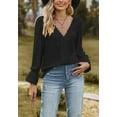 thumbnail image 1 of Lace Trim V Neck Textured Blouse, Black, X-Large, 1 of 5