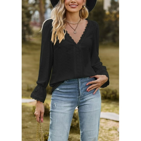 Lace Trim V Neck Textured Blouse, Black, X-Large