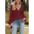 thumbnail image 1 of Lace Trim V Neck Textured Blouse, Burgundy, Medium, 1 of 5