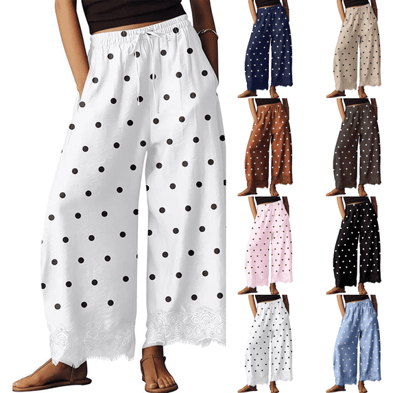 Lace Trim Wide Leg Pants for Women 2026 Spring Summer Fall Cropped Lightweight Casual Pants