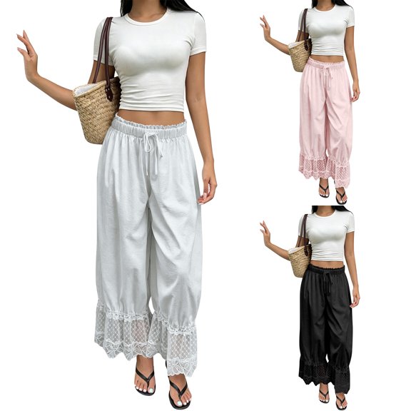 Lace Trim Wide Leg Pants for Women, Elastic Waist Palazzo Trousers with Ruffle Hem - Boho Beach Vacation Casual Bottoms White S