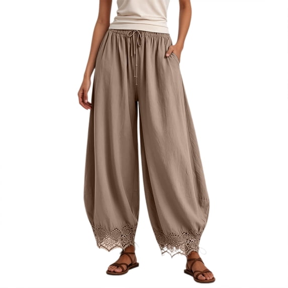 Lace Wide Leg Pants for Women High Waisted Drawstring Wide Leg Pants 2026 Summer Cropped Lightweight Casual Pants with Pockets(B-Khaki,XXL)