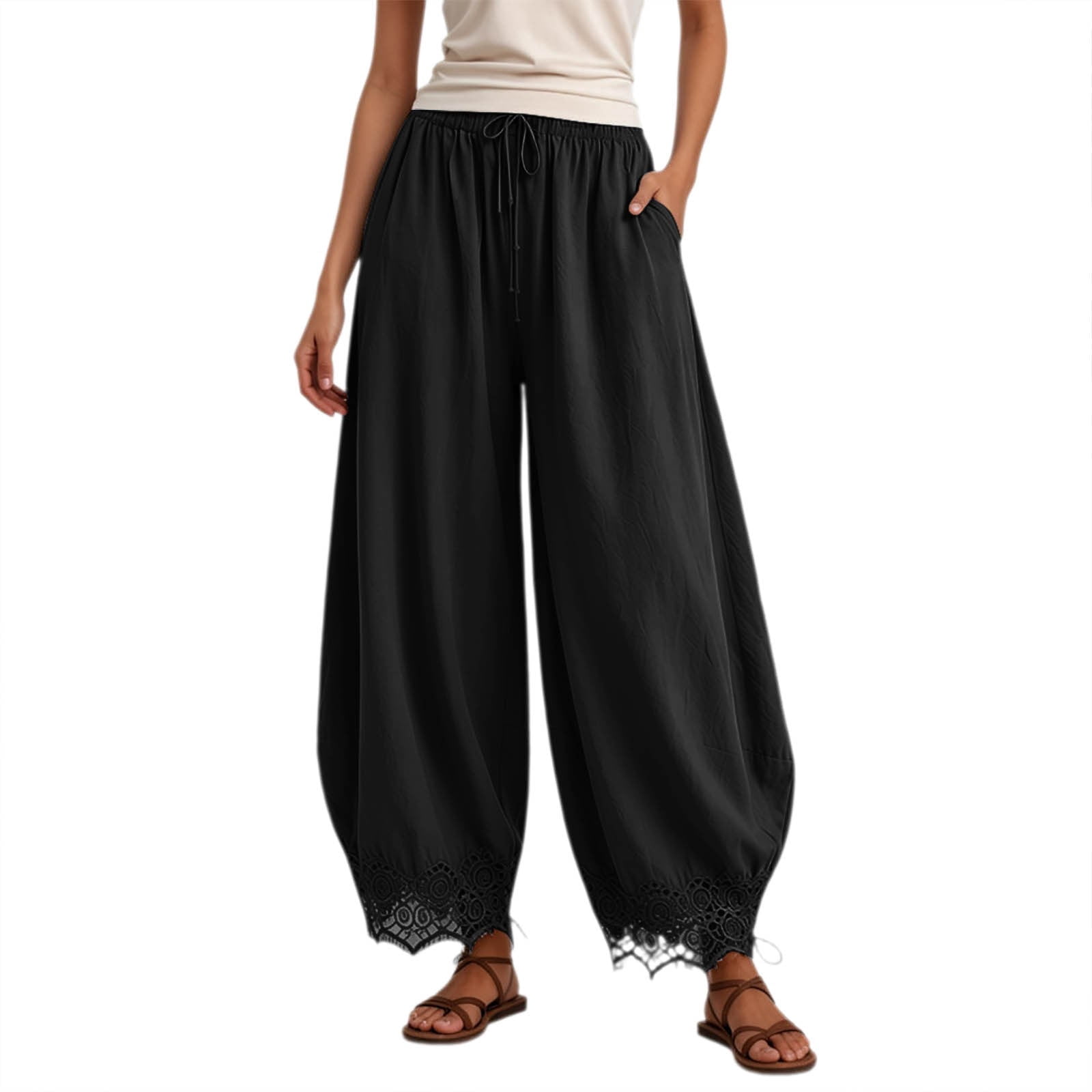Lace Wide Leg Pants for Women High Waisted Drawstring Wide Leg