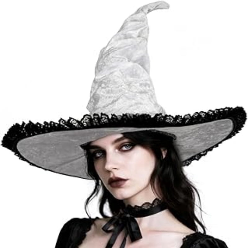 Lace Trim Witch Hat with Wide Brim for Halloween Costume Cosplay