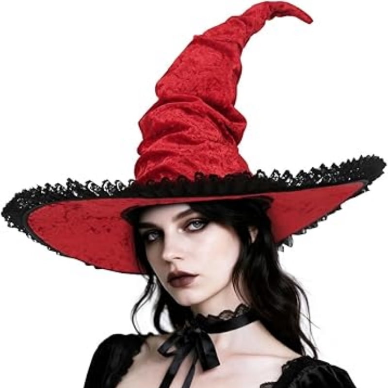 Lace Trim Witch Hat with Wide Brim for Halloween Costume Cosplay