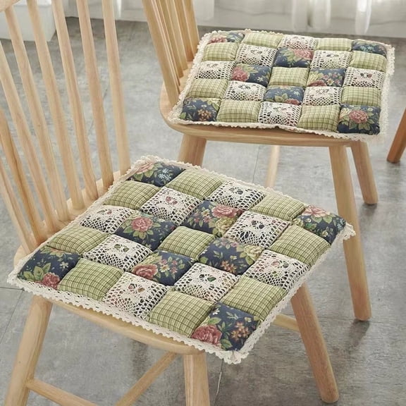 1pc Lace Trimmed Chair Cushion, Plaid Floral Patchwork Non-Slip Square Padded Seat Cushion, All-Season Farmhouse Chair Pad for Dining Room, Office & Home Decor