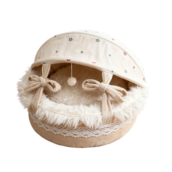Lace-Trimmed Cradle Cat Bed, Semi-Enclosed Cozy Pet Bed with Removable Washable Cover for Indoor Cats & Small Dogs