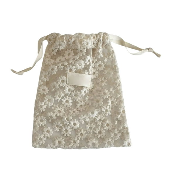 Lace Trimmed Meshes Drawstring Pouches For Makeup Storage Portable Jewelry Organizers Bag With Daisies Embroidery Design