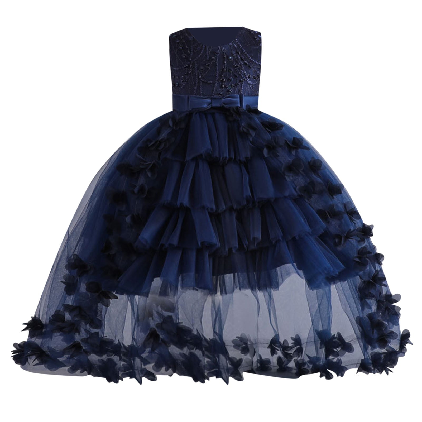 Lace Tulle Flower Girl Dresses Sleeveless Bow Tiered Dress for Kids Princess Birthday Party Gowns 2-12Y