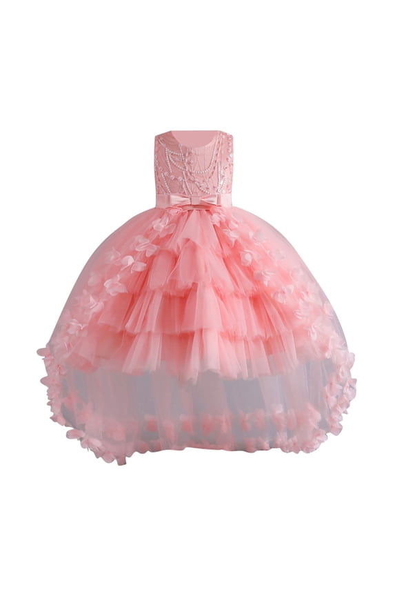 Lace Tulle Flower Girl Dresses Sleeveless Bow Tiered Dress for Kids Princess Birthday Party Gowns 2-12Y