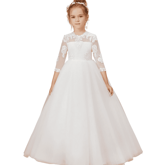 Lace Tulle Wedding Flower Girl Dress Long Sleeve Princess First Communion Dresses Pageant Tutu Gowns (Ivory 2 -3Years)