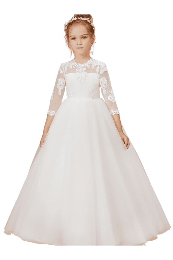 Lace Tulle Wedding Flower Girl Dress Long Sleeve Princess First Communion Dresses Pageant Tutu Gowns (Ivory 4 -5 Years)