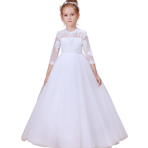 Lace Tulle Wedding Flower Girl Dress Long Sleeve Princess First Communion Dresses Pageant Tutu Gowns (White 10 -11Years）