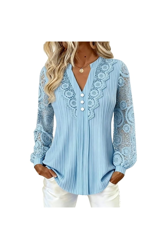 Lace Tunic Tops for Women Elegant Long Sleeve V-Neck Casual Blouse Soft Lace Shirt for Work and Everyday Wear Sky Blue L