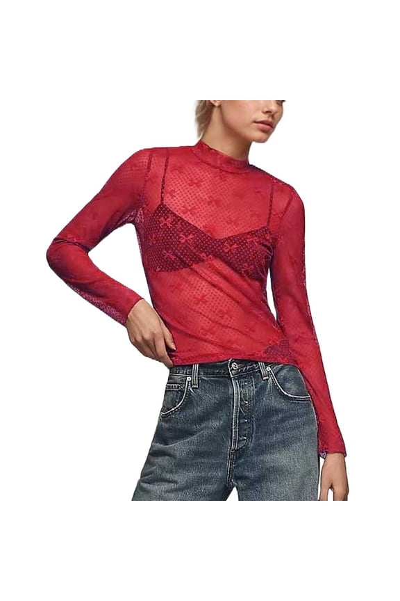 Lace Undershirt For Women Long Sleeve Sheer See Through Mock Neck Floral Embroidery Sheer Blouce Fishne Ladies Clothing,Red,S