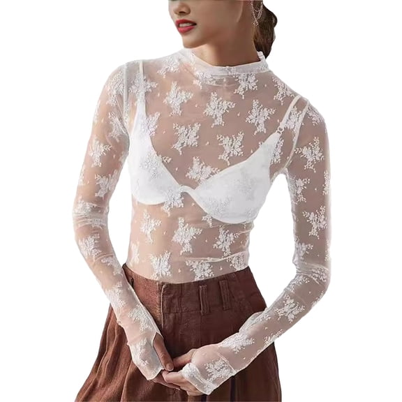 Lace Undershirt Lace Long Sleeve Tops for Women Womens Mesh Top Thumb Hole See Through Pullover Blouses