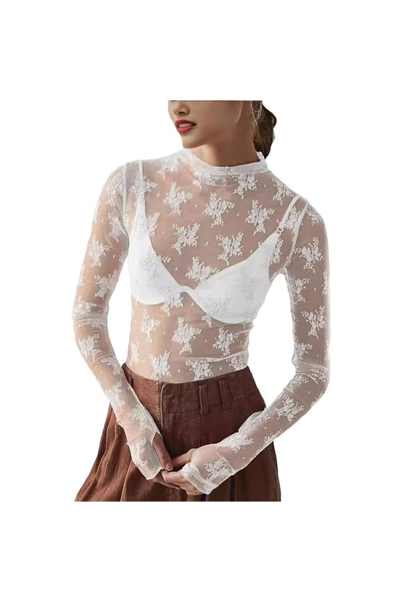 Lace Undershirt Lace Long Sleeve Tops for Women Womens Mesh Top Thumb Hole See Through Pullover Blouses