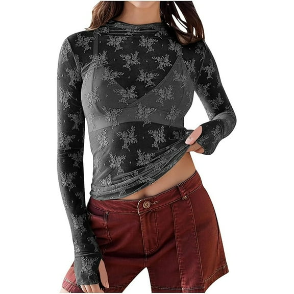 Lace Undershirt Lace Long Sleeve Tops for Women Womens Mesh Top Thumb Hole See Through Pullover Blouses