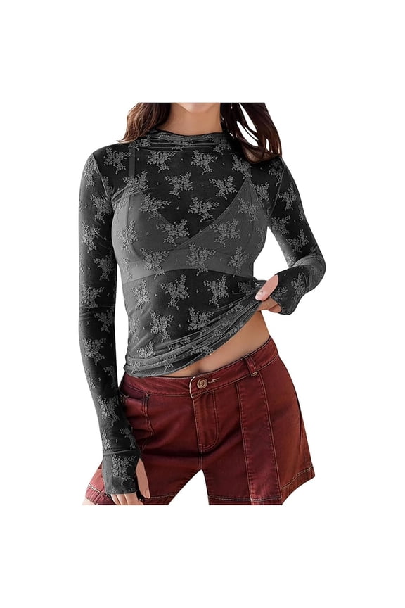 Lace Undershirt Lace Long Sleeve Tops for Women Womens Mesh Top Thumb Hole See Through Pullover Blouses