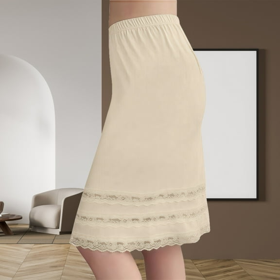 ZunFeo Lace Underskirt for Women Stretchy Modal Slip Skirt High Waisted Basic Liner Skirt for Dress Beige M