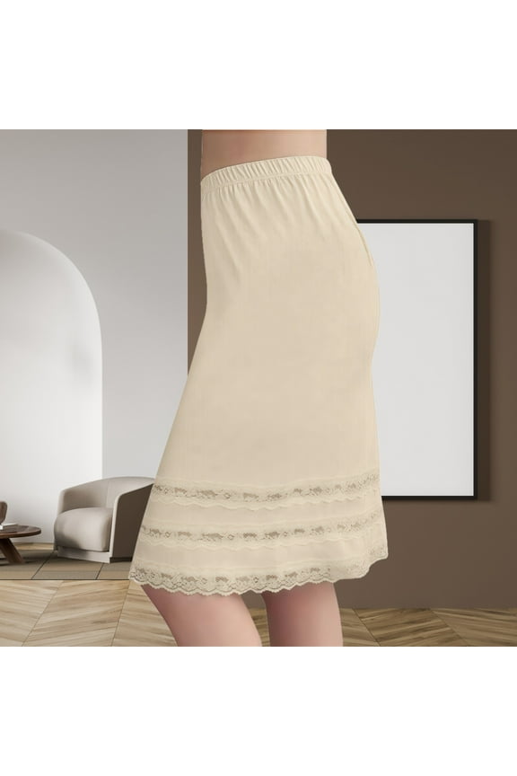 Lace Underskirt for Women Stretchy Modal Slip Skirt High Waisted Basic Liner Skirt for Dress Beige M
