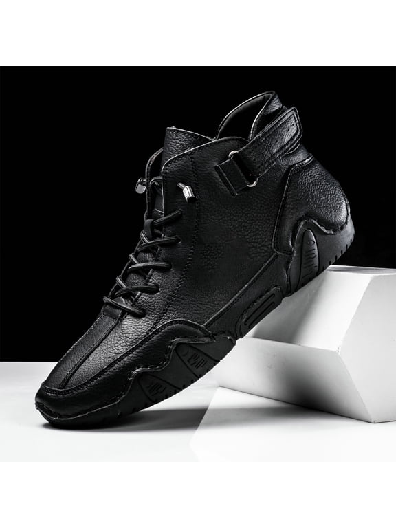 Lace-Up Casual Ankle Boots, Men's Casual Ltalian Handmade High Top High Boots Leather Outdoor Walking Sneakers Slip-On Lightweight Non-Slip Waterproof Driving Chukka Boots, Black 10.5