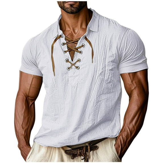 Lace Up Cotton Linen Shirts for Men Vintage Color Block Pullover Tops Casual Lapel Collar Oversized Tees for Daily