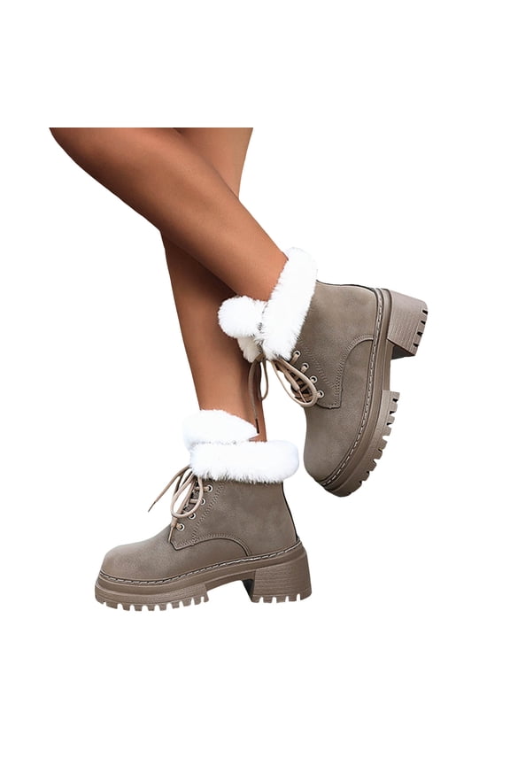 Lace Up Furry Winter Boots for Women Warm Plush Mid Calf Suede Combat Booties Chunky Low Heel Platform Fall Boots Gray Size 9