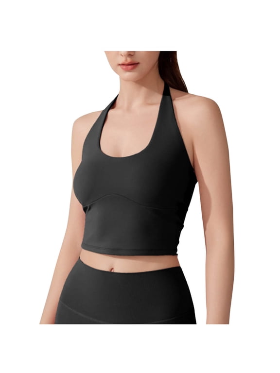 Lace Up Halter Neck Crop Tops for Women Scoop Neck Backless Slim Yoga Workout Athletic Sleeveless Tops Built In Bra