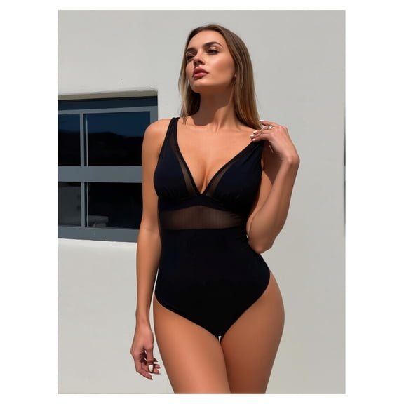 Lace-Up Mesh Cutout Swimsuit - Women's Strapless One Piece Bathing Suit - Sexy Slimming Swimwear for Beach, Pool, Vacation - Black, Sizes 4-16