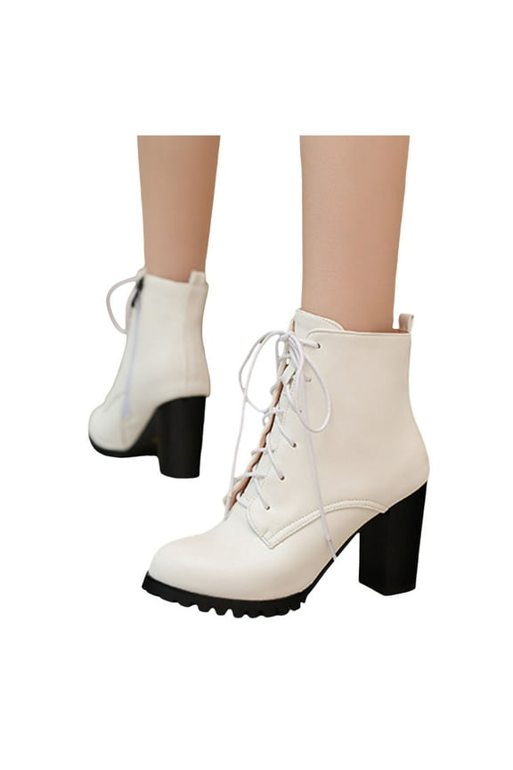 Lace Up Platform Ankle Boots for Women High Stacked Heel Heeled Mid Calf Combat Booties with Side Zipper
