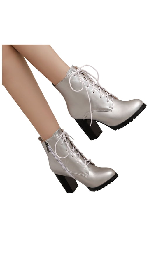 Lace Up Platform Ankle Boots for Women High Stacked Heel Heeled Mid Calf Combat Booties with Side Zipper