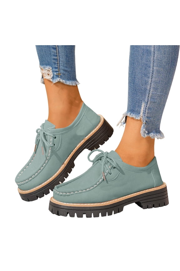 Lace Up Platform Loafers for Women Thick Sole Wide Width Fashion Suede Low Top Business Walking Shoes Green Size 7.5