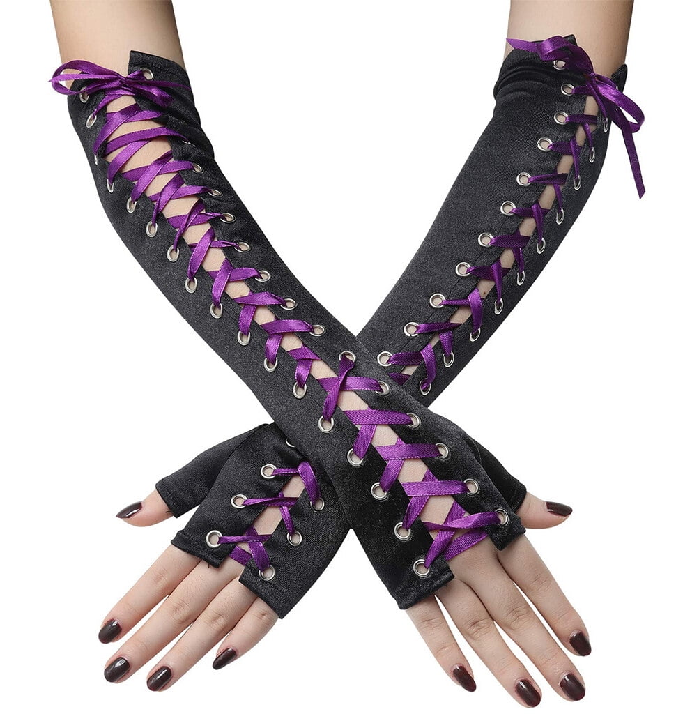Lace Up Punk Gloves Long Fingerless Arm Cuffs Halloween Party