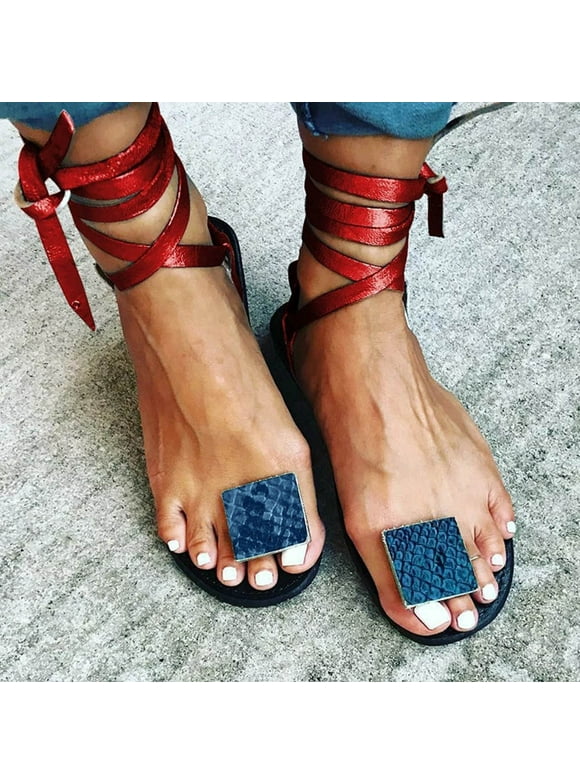 Lace Up Sadals for Women, Gladiator Flat Sandals for Women Grils, Leather Crossover Flip-Flops, Fashion Thong Strappy Ankle Strap Sandals