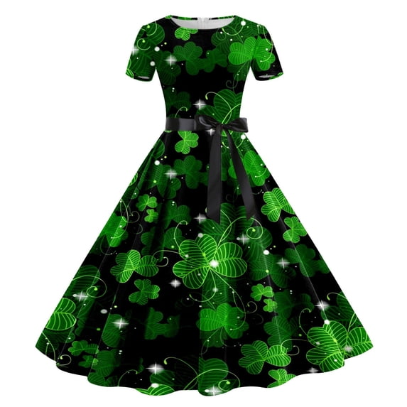 Lace Up Short Sleeve Dress Girls St Patricks Day Print Party Celebration Clothes
