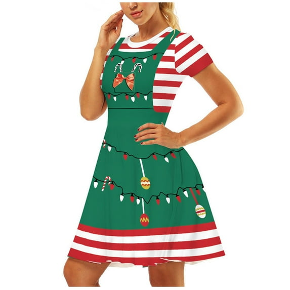 Lace Up Short Sleeve Dress for Women Christmas Polo Shirt Dress Vintage Print Dresses Doll Neck Dress Swing Dress