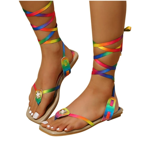 Juebong Sandals clearance Lace Up Women Girls Sandals - Open Toe Wrap Ankle Strap Flat Slide Sandals - Comfortable Slip On Thong Strappy Spring Summer Shoes.