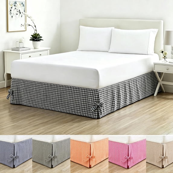Lace Up Wrap Around Bed Checkered Plaid Dustproof Box Spring Cover Adjustable Fitted Bed Skirt for Bedroom Bedding Decor