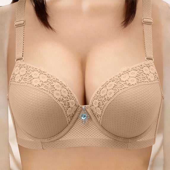 Lace V-Neck Push Up Bra, Womens Adjustable Strap Breathable Comfortable Underwire Bralette Beige Bralette for Lady Cups L