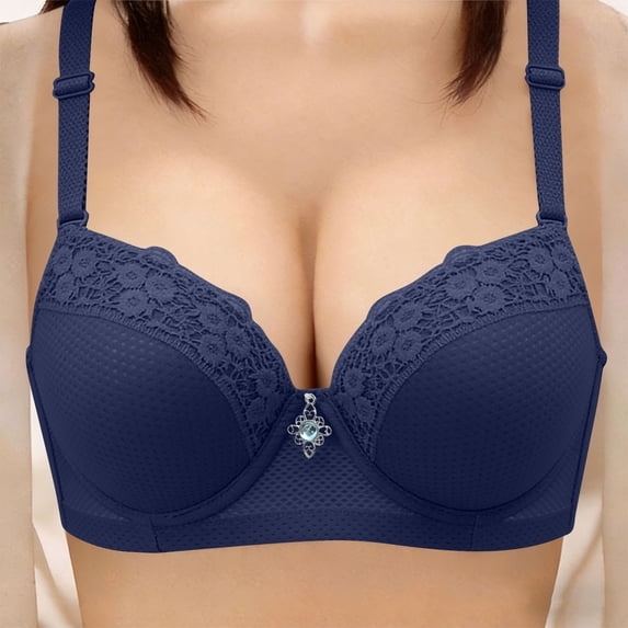 Lace V-Neck Push Up Bra, Womens Adjustable Strap Breathable Comfortable Underwire Bralette Navy XXL