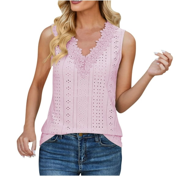 Lace V Neck Tank Tops for Women Sleeveless Casual Going Out Blouses Summer Loose Tunic Shirts (M, Pink)