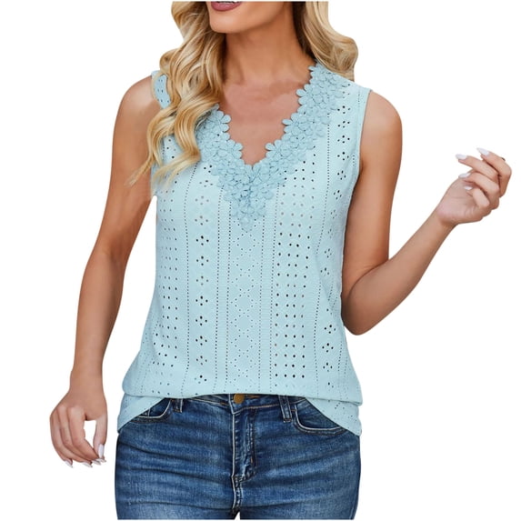 Lace V Neck Tank Tops for Women Sleeveless Casual Going Out Blouses Summer Loose Tunic Shirts (XL, Blue)