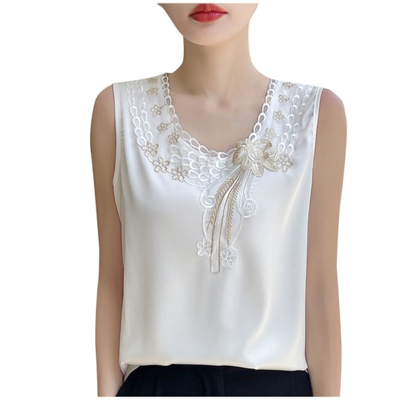 Lace V Neck Tank Tops for Women Trendy Embroidered Sleeveless Blouses Business Casual Elegant Floral T Shirts (M, White)